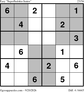 The grouppuzzles.com Easy SuperSudoku-Junior puzzle for Sunday September 20, 2026