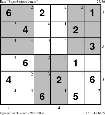 The grouppuzzles.com Easy SuperSudoku-Junior puzzle for Sunday September 20, 2026 with all 4 steps marked