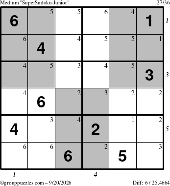 The grouppuzzles.com Medium SuperSudoku-Junior puzzle for Sunday September 20, 2026 with all 6 steps marked