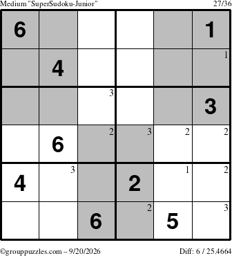 The grouppuzzles.com Medium SuperSudoku-Junior puzzle for Sunday September 20, 2026 with the first 3 steps marked