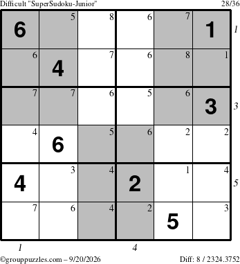 The grouppuzzles.com Difficult SuperSudoku-Junior puzzle for Sunday September 20, 2026 with all 8 steps marked