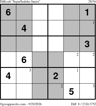 The grouppuzzles.com Difficult SuperSudoku-Junior puzzle for Sunday September 20, 2026 with the first 3 steps marked
