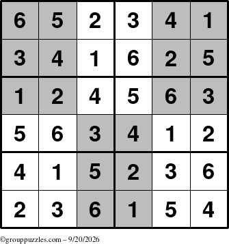 The grouppuzzles.com Answer grid for the SuperSudoku-Junior puzzle for Sunday September 20, 2026