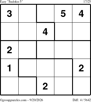 The grouppuzzles.com Easy Sudoku-5 puzzle for Sunday September 20, 2026