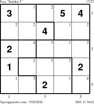 The grouppuzzles.com Easy Sudoku-5 puzzle for Sunday September 20, 2026 with all 4 steps marked