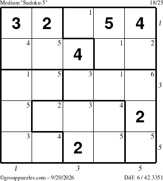 The grouppuzzles.com Medium Sudoku-5 puzzle for Sunday September 20, 2026, suitable for printing, with all 6 steps marked