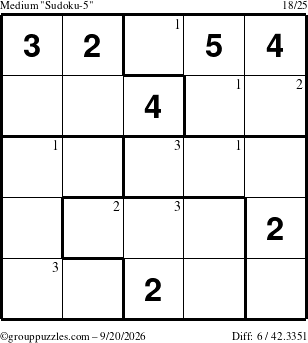 The grouppuzzles.com Medium Sudoku-5 puzzle for Sunday September 20, 2026 with the first 3 steps marked