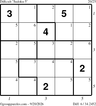 The grouppuzzles.com Difficult Sudoku-5 puzzle for Sunday September 20, 2026 with all 6 steps marked