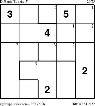 The grouppuzzles.com Difficult Sudoku-5 puzzle for Sunday September 20, 2026 with the first 3 steps marked