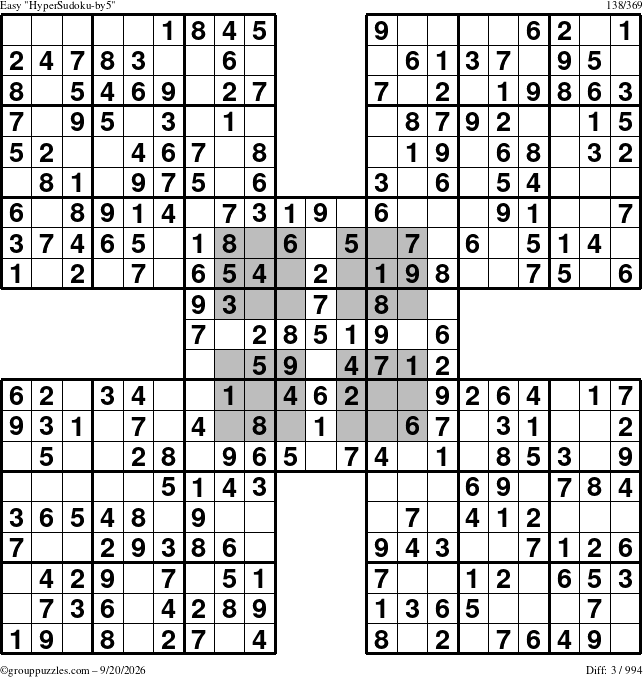 The grouppuzzles.com Easy HyperSudoku-by5 puzzle for Sunday September 20, 2026