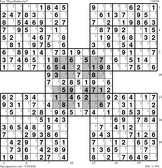 The grouppuzzles.com Easy HyperSudoku-by5 puzzle for Sunday September 20, 2026 with all 3 steps marked
