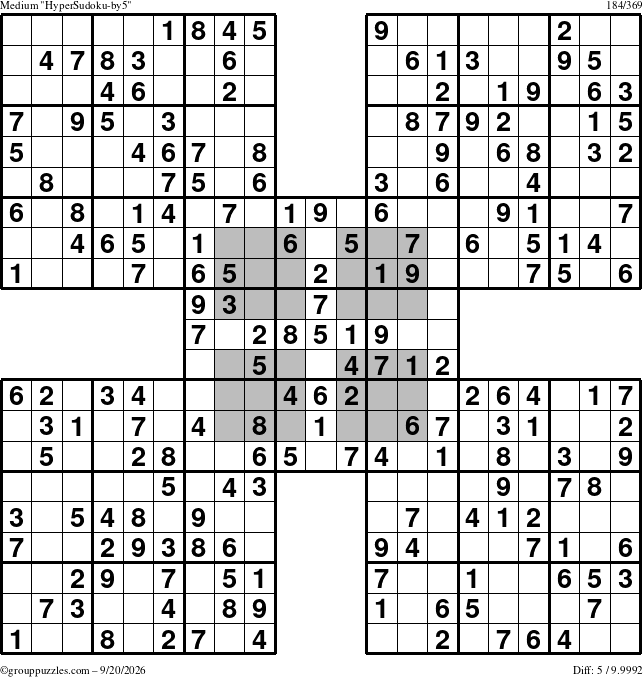 The grouppuzzles.com Medium HyperSudoku-by5 puzzle for Sunday September 20, 2026