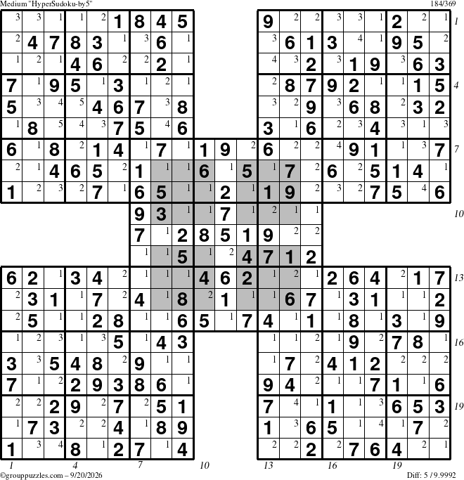 The grouppuzzles.com Medium HyperSudoku-by5 puzzle for Sunday September 20, 2026, suitable for printing, with all 5 steps marked