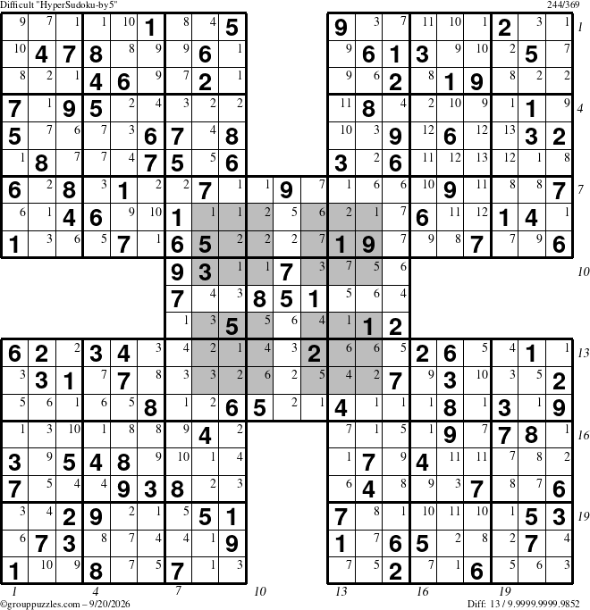 The grouppuzzles.com Difficult HyperSudoku-by5 puzzle for Sunday September 20, 2026 with all 13 steps marked