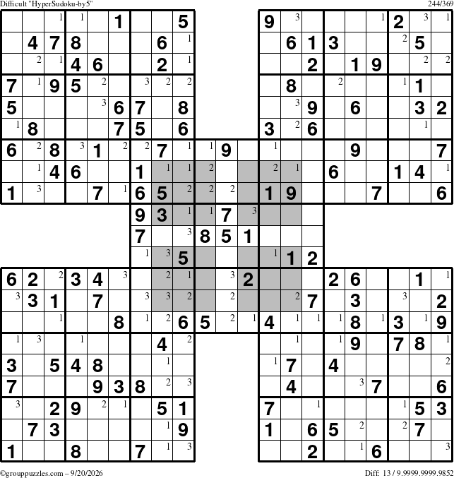 The grouppuzzles.com Difficult HyperSudoku-by5 puzzle for Sunday September 20, 2026 with the first 3 steps marked