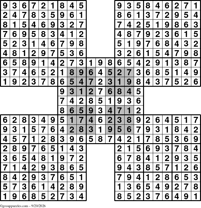 The grouppuzzles.com Answer grid for the HyperSudoku-by5 puzzle for Sunday September 20, 2026