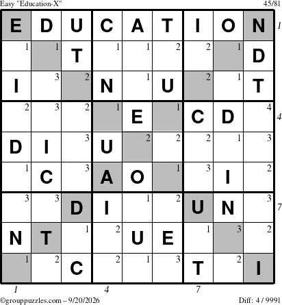 The grouppuzzles.com Easy Education-X puzzle for Sunday September 20, 2026 with all 4 steps marked