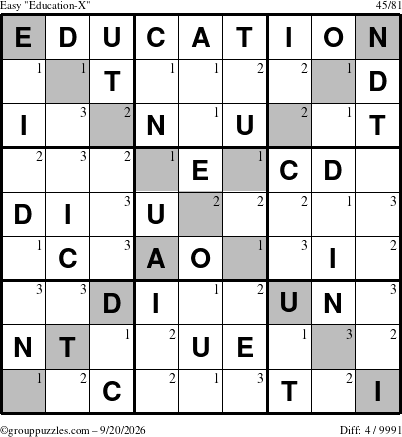The grouppuzzles.com Easy Education-X puzzle for Sunday September 20, 2026 with the first 3 steps marked