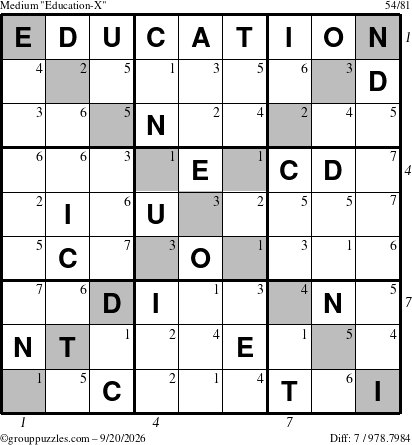 The grouppuzzles.com Medium Education-X puzzle for Sunday September 20, 2026, suitable for printing, with all 7 steps marked