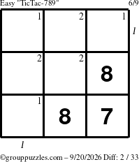 The grouppuzzles.com Easy TicTac-789 puzzle for Sunday September 20, 2026, suitable for printing, with all 2 steps marked