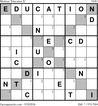 The grouppuzzles.com Medium Education-X puzzle for Sunday September 20, 2026 with the first 3 steps marked