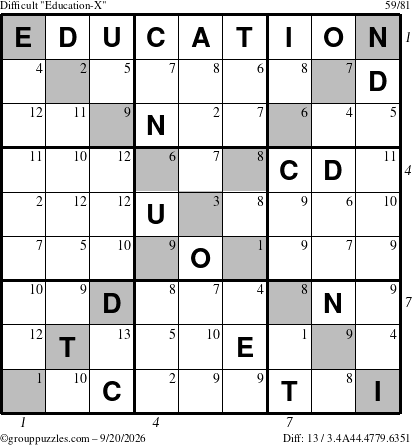 The grouppuzzles.com Difficult Education-X puzzle for Sunday September 20, 2026 with all 13 steps marked