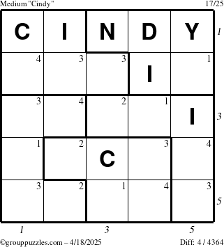 The grouppuzzles.com Medium Cindy puzzle for Friday April 18, 2025, suitable for printing, with all 4 steps marked