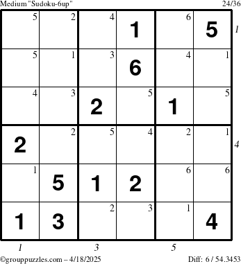 The grouppuzzles.com Medium Sudoku-6up puzzle for Friday April 18, 2025 with all 6 steps marked