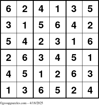The grouppuzzles.com Answer grid for the Sudoku-6up puzzle for Friday April 18, 2025