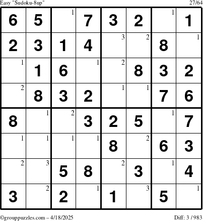 The grouppuzzles.com Easy Sudoku-8up puzzle for Friday April 18, 2025 with the first 3 steps marked
