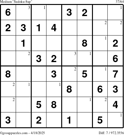 The grouppuzzles.com Medium Sudoku-8up puzzle for Friday April 18, 2025 with the first 3 steps marked