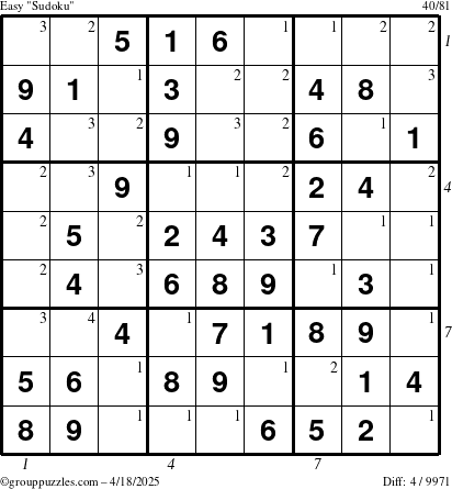 The grouppuzzles.com Easy Sudoku puzzle for Friday April 18, 2025 with all 4 steps marked