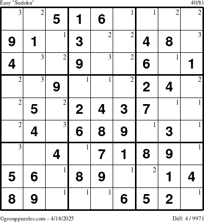 The grouppuzzles.com Easy Sudoku puzzle for Friday April 18, 2025 with the first 3 steps marked