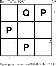 The grouppuzzles.com Easy TicTac-PQR puzzle for Friday April 18, 2025 with all 2 steps marked