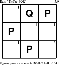 The grouppuzzles.com Easy TicTac-PQR puzzle for Friday April 18, 2025 with the first 2 steps marked