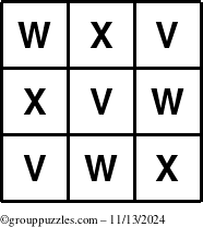 The grouppuzzles.com Answer grid for the TicTac-VWX puzzle for Wednesday November 13, 2024