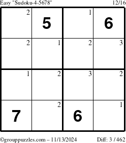 The grouppuzzles.com Easy Sudoku-4-5678 puzzle for Wednesday November 13, 2024 with the first 3 steps marked