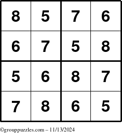 The grouppuzzles.com Answer grid for the Sudoku-4-5678 puzzle for Wednesday November 13, 2024