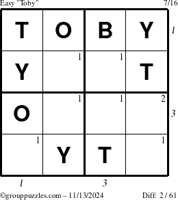 The grouppuzzles.com Easy Toby puzzle for Wednesday November 13, 2024, suitable for printing, with all 2 steps marked