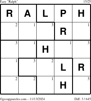 The grouppuzzles.com Easy Ralph puzzle for Wednesday November 13, 2024 with the first 3 steps marked