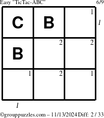 The grouppuzzles.com Easy TicTac-ABC puzzle for Wednesday November 13, 2024, suitable for printing, with all 2 steps marked