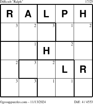 The grouppuzzles.com Difficult Ralph puzzle for Wednesday November 13, 2024 with the first 3 steps marked