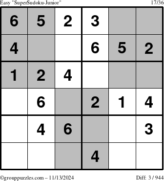 The grouppuzzles.com Easy SuperSudoku-Junior puzzle for Wednesday November 13, 2024