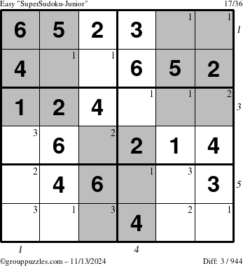 The grouppuzzles.com Easy SuperSudoku-Junior puzzle for Wednesday November 13, 2024, suitable for printing, with all 3 steps marked