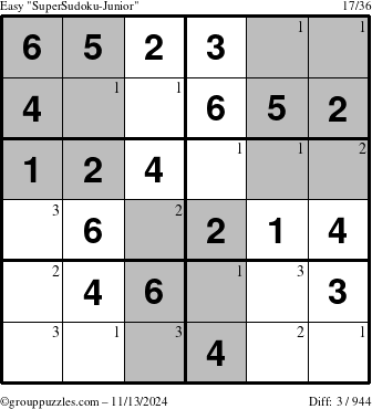 The grouppuzzles.com Easy SuperSudoku-Junior puzzle for Wednesday November 13, 2024 with the first 3 steps marked