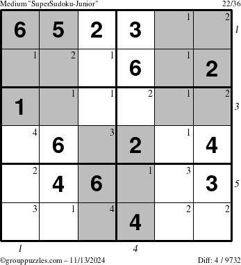 The grouppuzzles.com Medium SuperSudoku-Junior puzzle for Wednesday November 13, 2024, suitable for printing, with all 4 steps marked