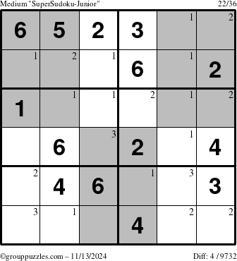 The grouppuzzles.com Medium SuperSudoku-Junior puzzle for Wednesday November 13, 2024 with the first 3 steps marked