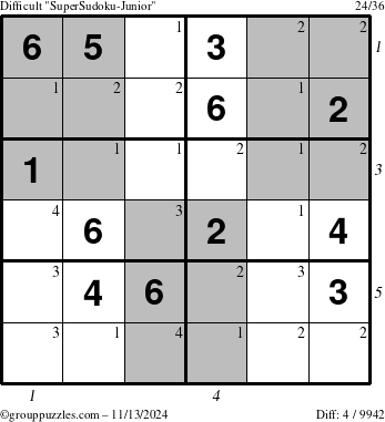 The grouppuzzles.com Difficult SuperSudoku-Junior puzzle for Wednesday November 13, 2024 with all 4 steps marked