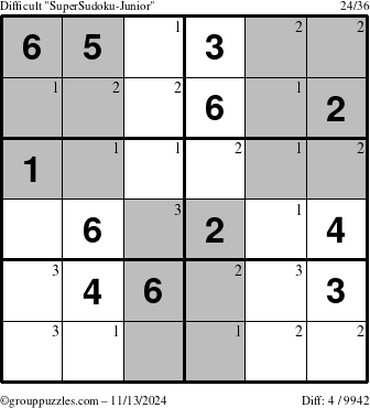 The grouppuzzles.com Difficult SuperSudoku-Junior puzzle for Wednesday November 13, 2024 with the first 3 steps marked