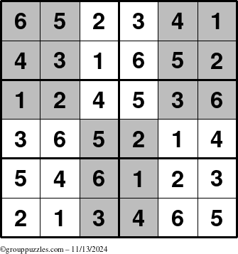 The grouppuzzles.com Answer grid for the SuperSudoku-Junior puzzle for Wednesday November 13, 2024